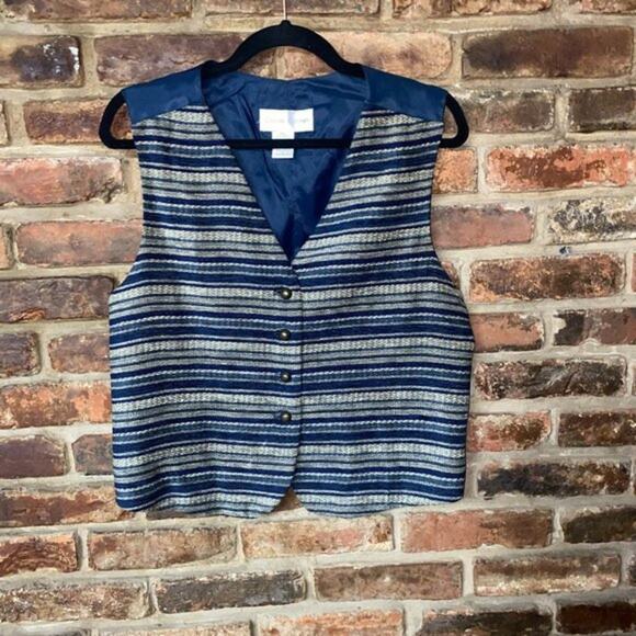 Casual Corner Navy Blue Striped Embroidered Button Down Vest Women's Size 12 - Picture 1 of 8